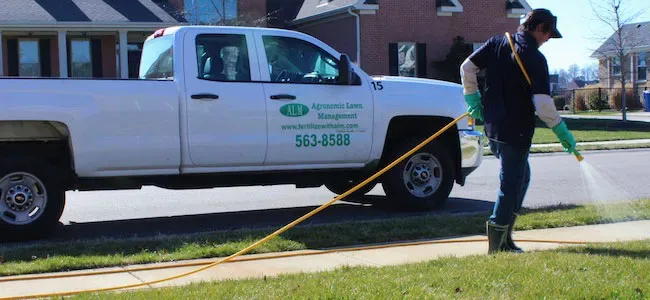 Lawn care professional spraying grass